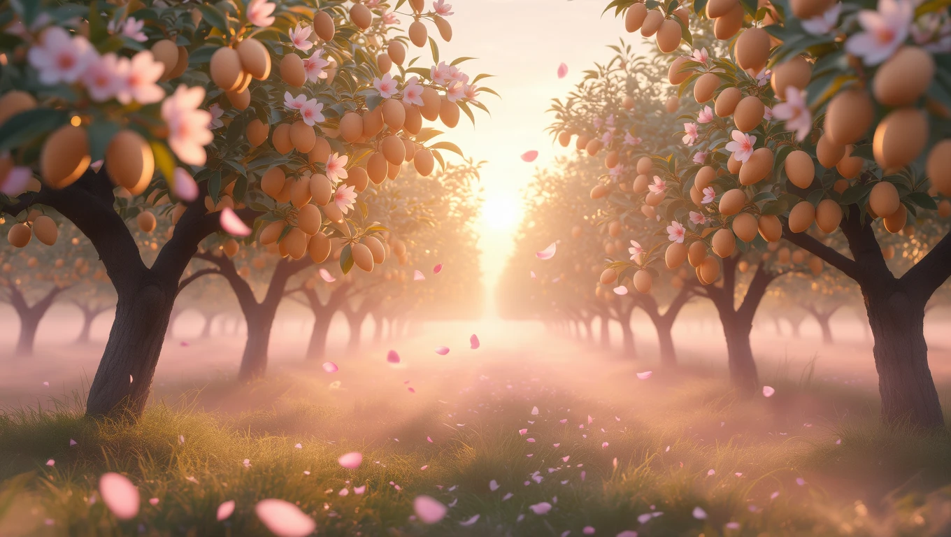 Ein malerischer Mandelbaumgarten mit blühenden Mandeln und sanftem Licht.