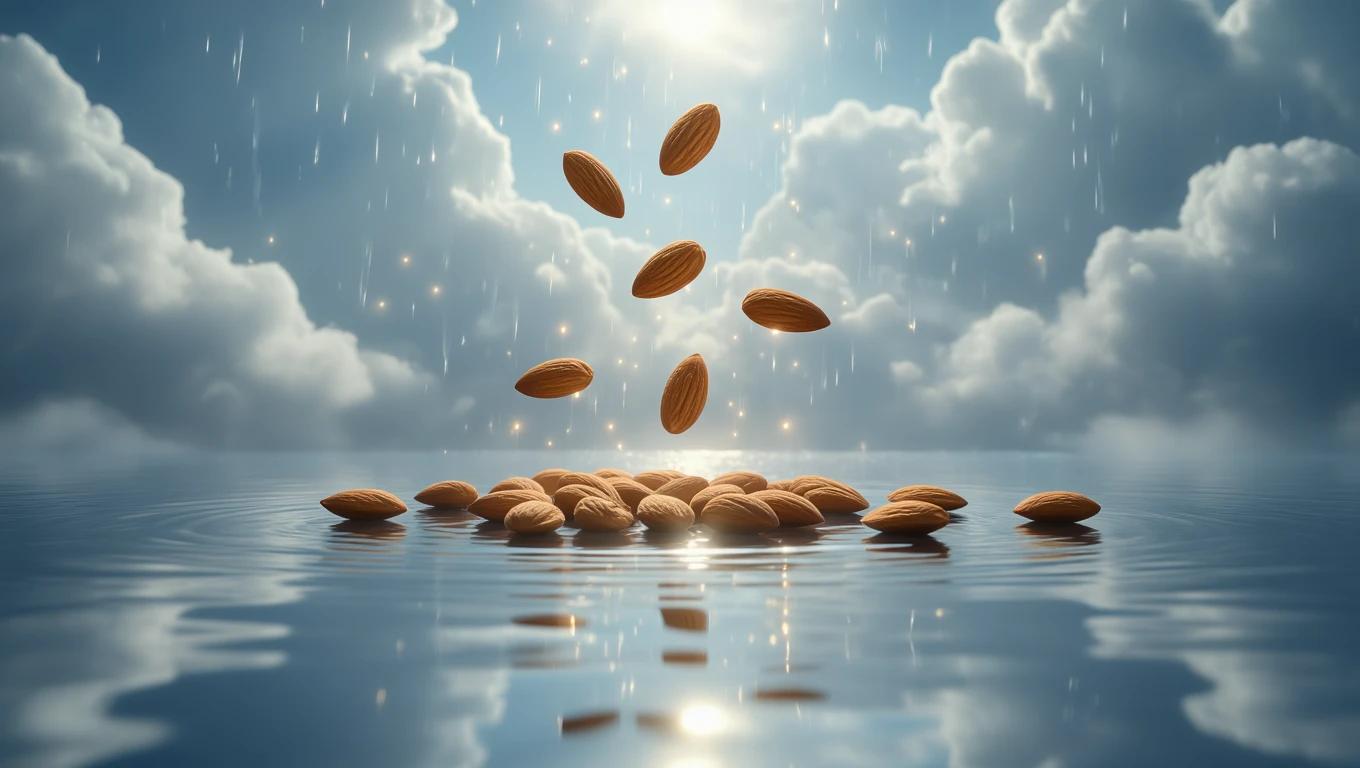 Mandeln fallen sanft auf eine ruhige Wasseroberfläche unter einem bewölkten Himmel.