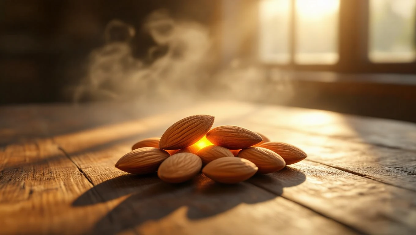 Eine Gruppe von Mandeln auf einem Holztisch, beleuchtet von sanftem Licht.