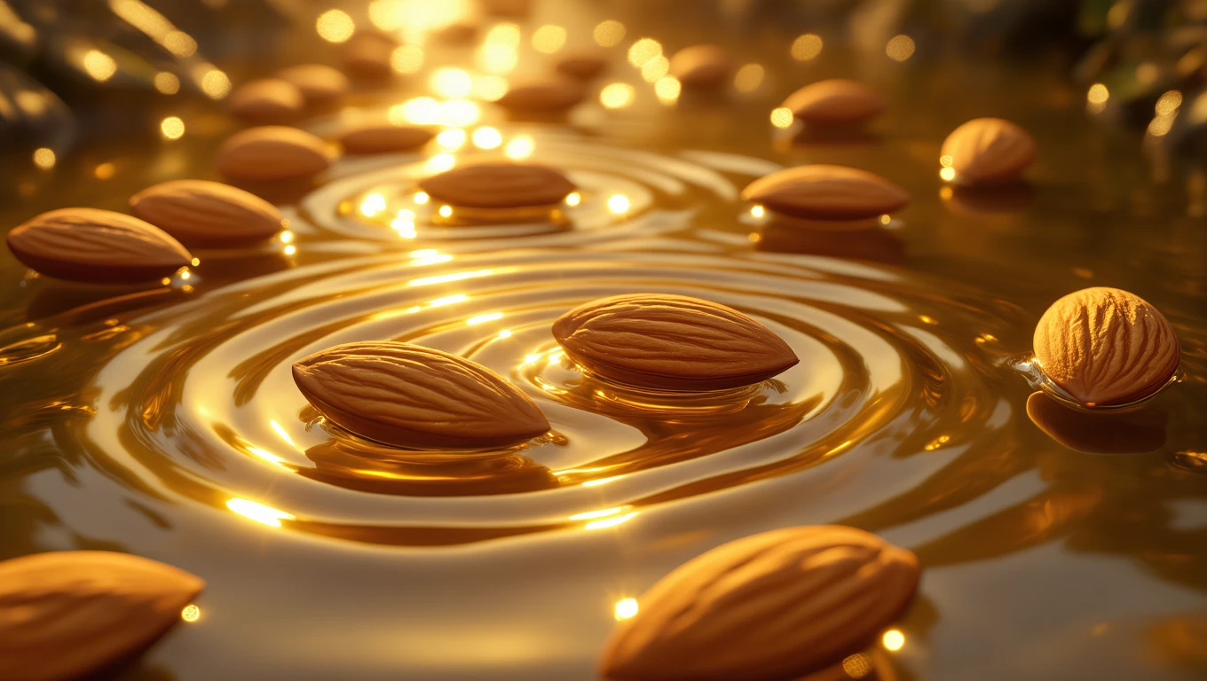 Mandeln schwimmen auf einer goldenen Wasseroberfläche und erzeugen sanfte Wellen.