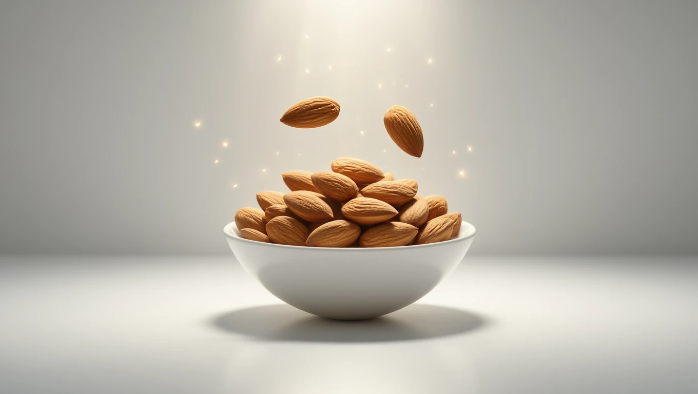Eine Schüssel mit Mandeln, die in der Luft schweben und funkeln.