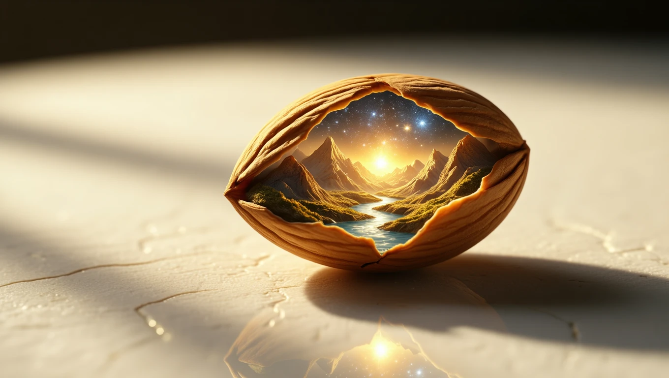 Eine geöffnete Mandel zeigt eine traumhafte Landschaft mit Bergen und einem Fluss.