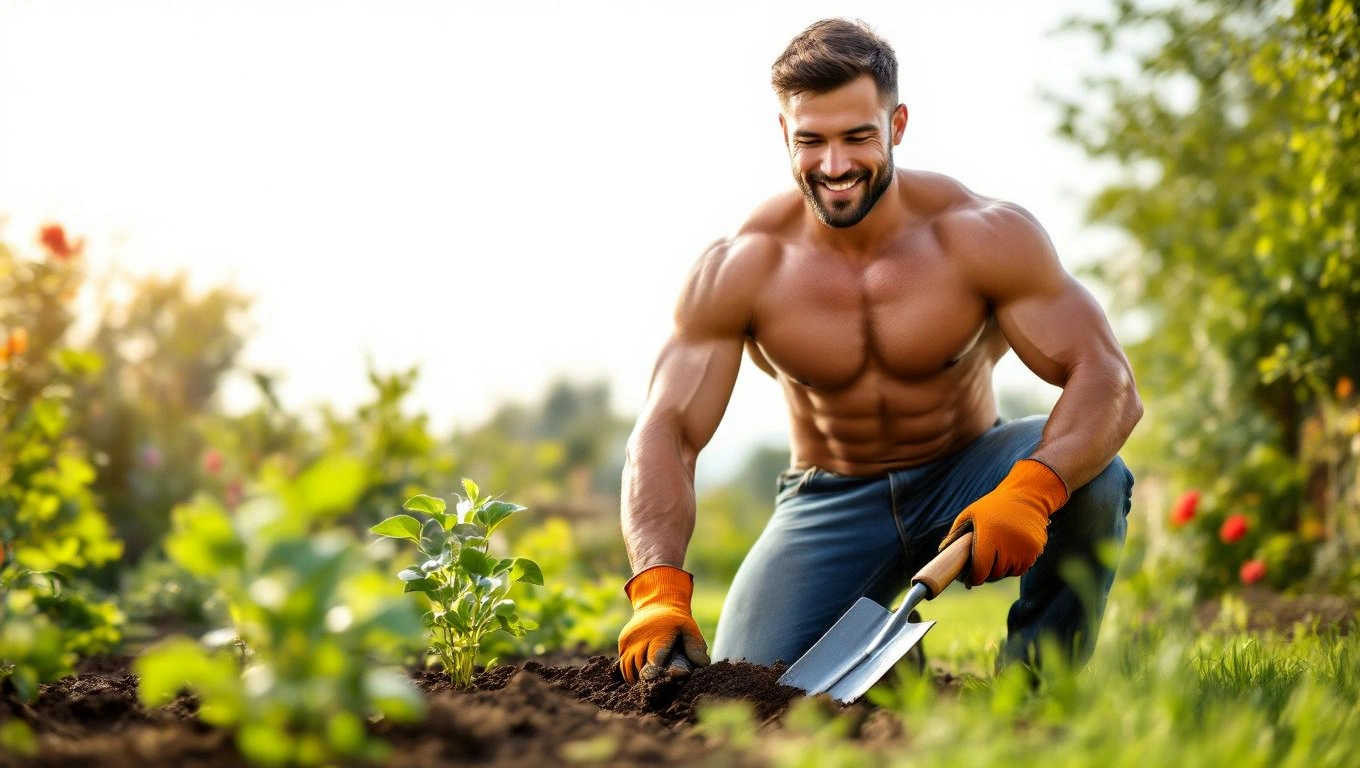 Ein attraktiver Mann mit muskulösem Oberkörper gräbt im Garten.