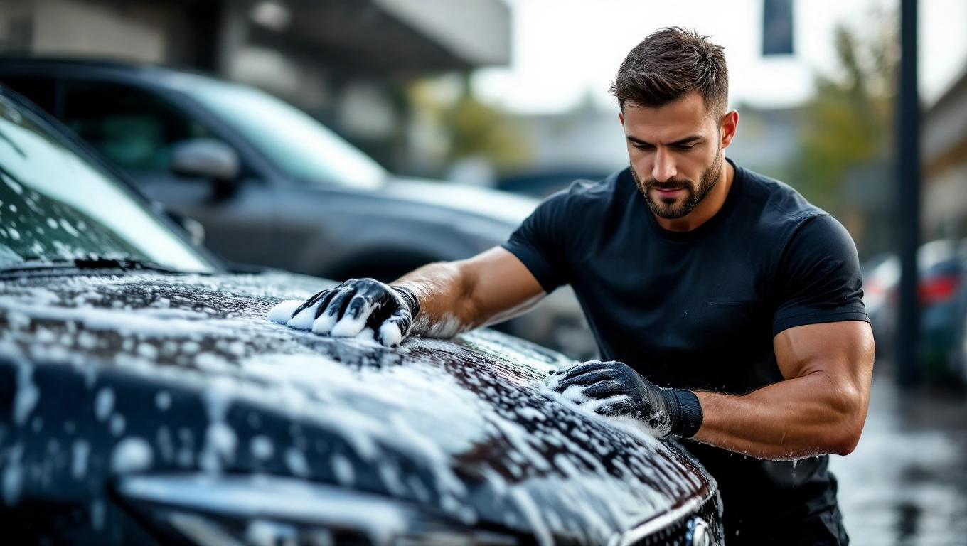 Ein attraktiver Mann wäscht ein Auto mit Schaum und konzentriertem Blick.