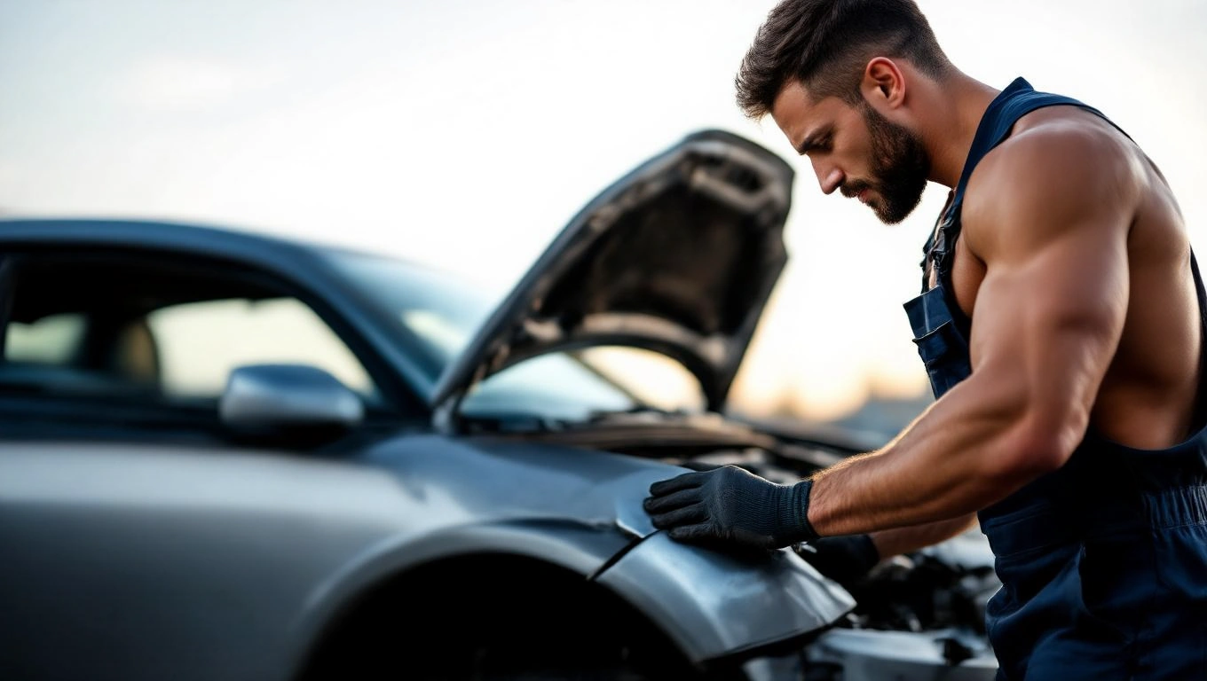 Ein attraktiver Mann in Arbeitskleidung repariert ein Auto.