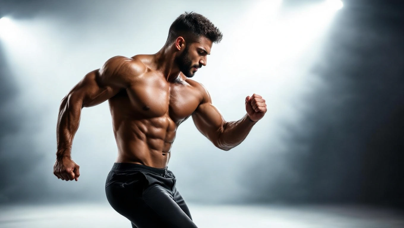 Ein muskulöser Mann in sportlicher Pose, der Selbstbewusstsein ausstrahlt.
