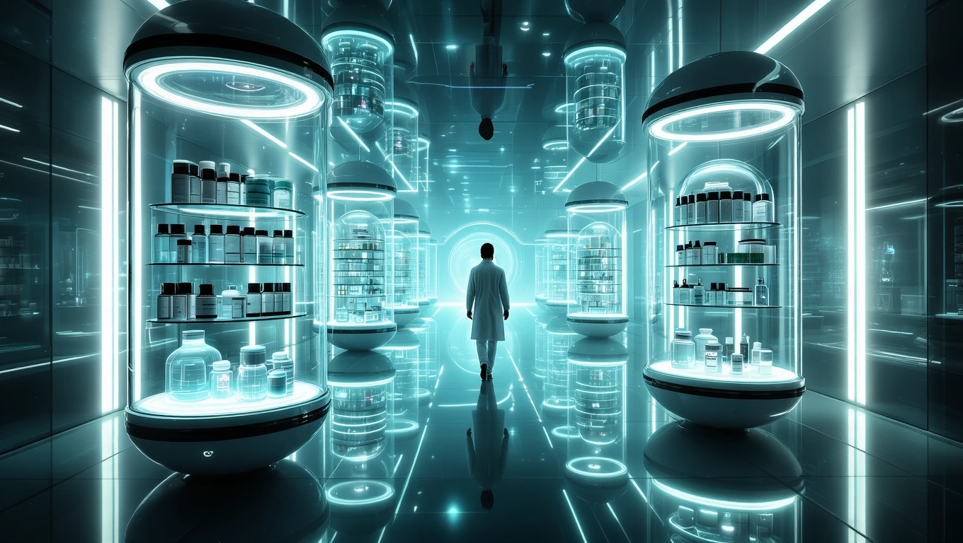 Ein Forscher in einem futuristischen Raum voller Medikamentenbehälter.