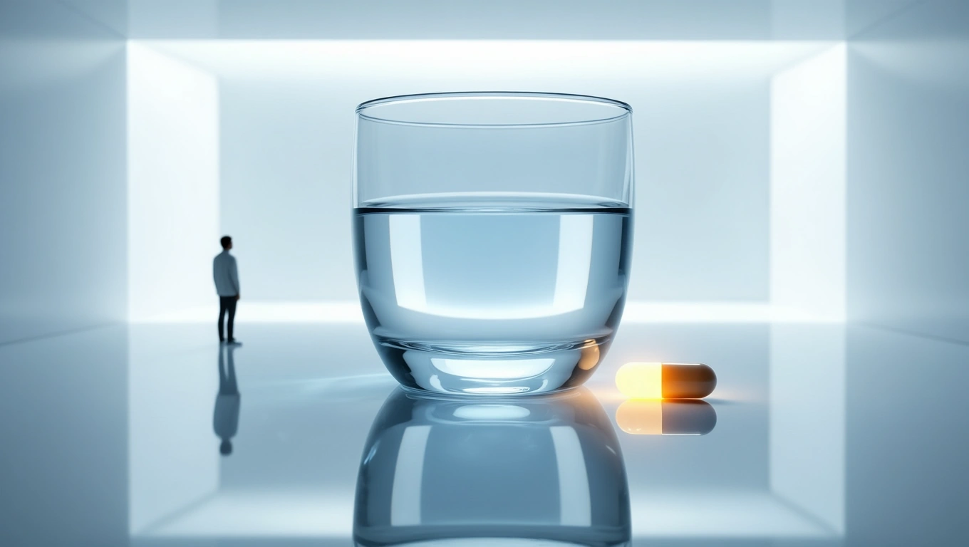 Ein Glas Wasser steht neben einer gelben Kapsel auf einem reflektierenden Tisch.