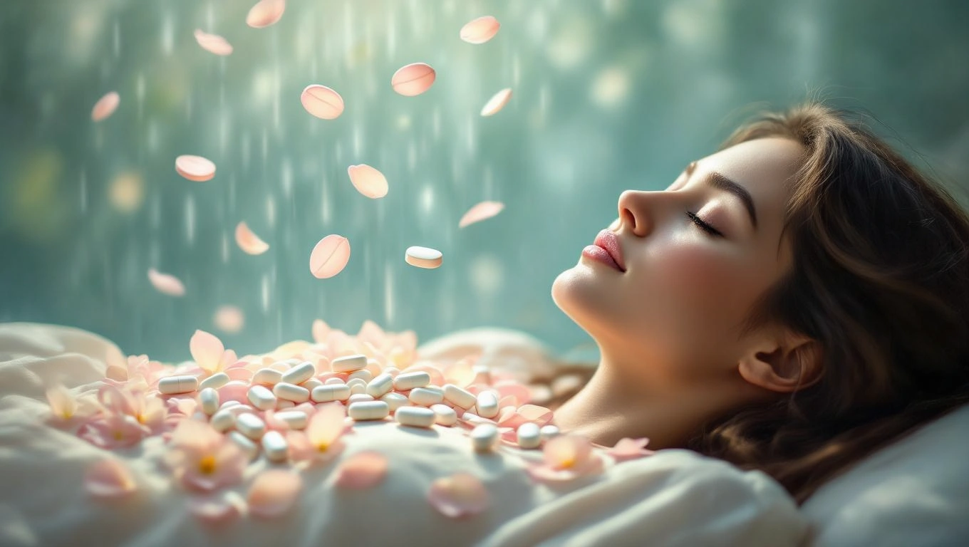 Eine Frau liegt entspannt mit Medikamenten und Blütenblättern umgeben.