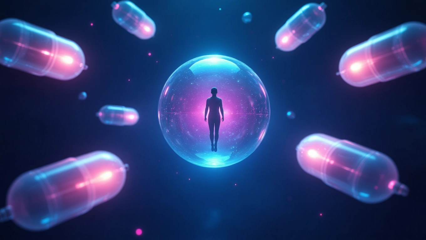 Eine stilisierte Darstellung einer Person in einer schützenden Blase, umgeben von leuchtenden Medikamentenkapseln.
