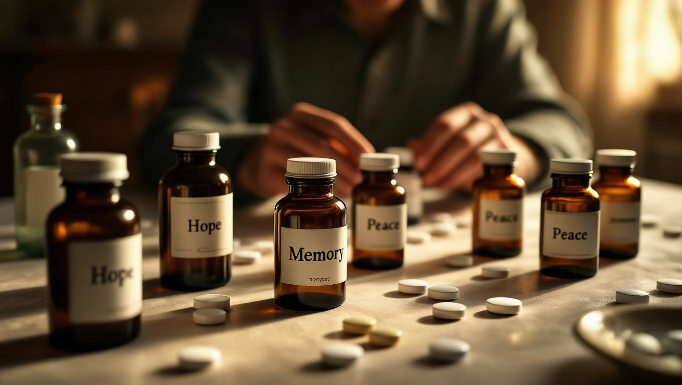Eine Auswahl von Medikamentenfläschchen mit Aufschriften wie Hoffnung und Frieden auf einem Tisch.