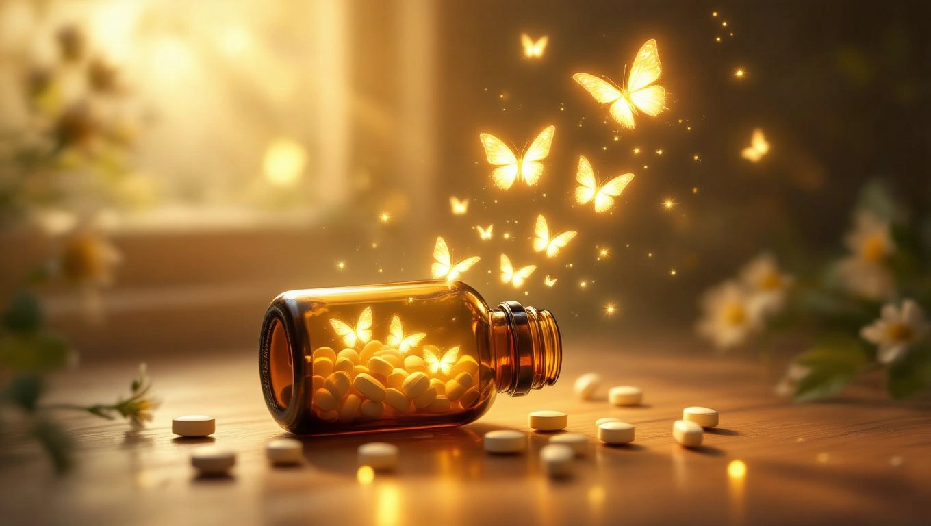 Ein offenes Medikamentenfläschchen mit weißen Tabletten und schimmernden Schmetterlingen.