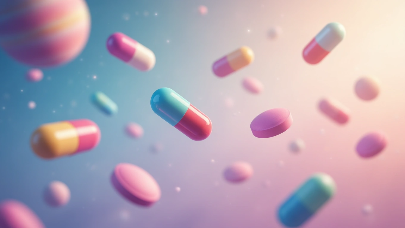 Bunte Tabletten und Kapseln schweben vor einem sanften, verschwommenen Hintergrund.