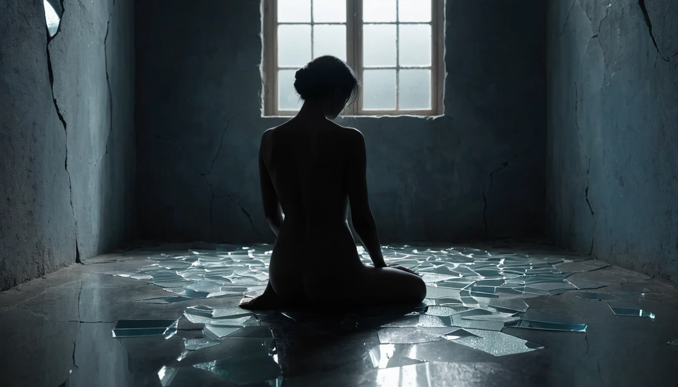 Eine nackte Person sitzt auf zerbrochenem Glas in einem dunklen Raum.