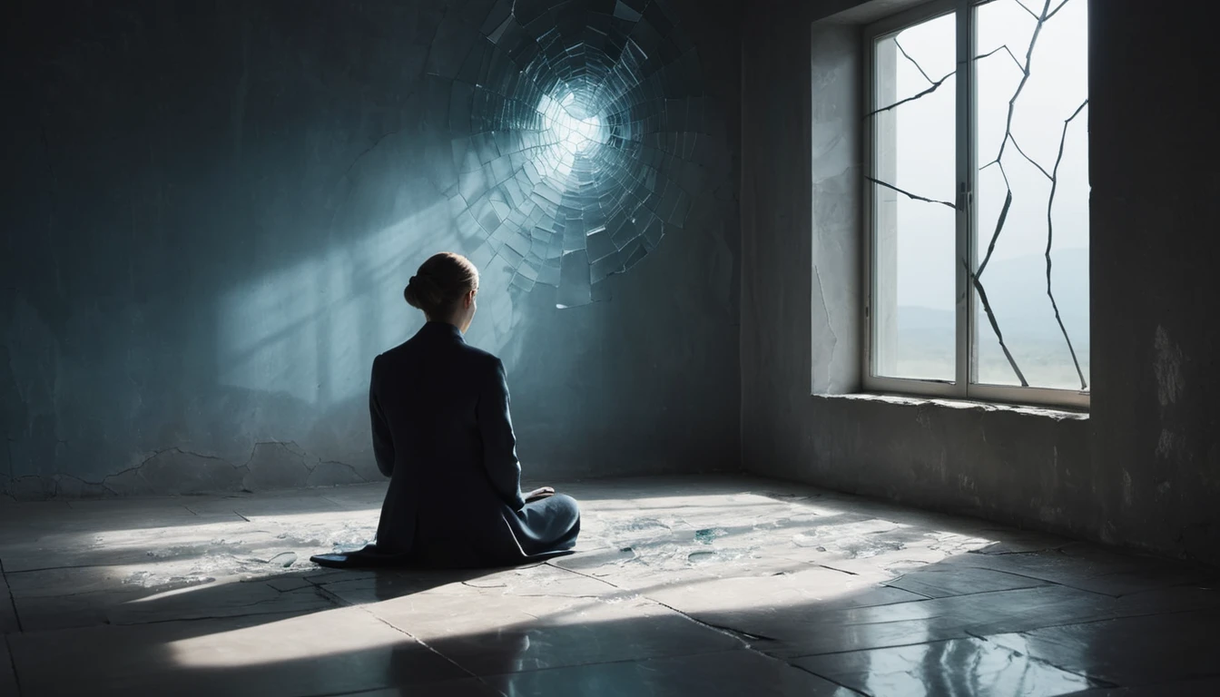 Eine Person sitzt in einem dunklen Raum und blickt auf ein zerbrochenes Fenster.