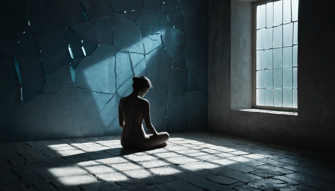 Eine nachdenkliche Person sitzt in einem dunklen Raum mit zerbrochenen Wänden.