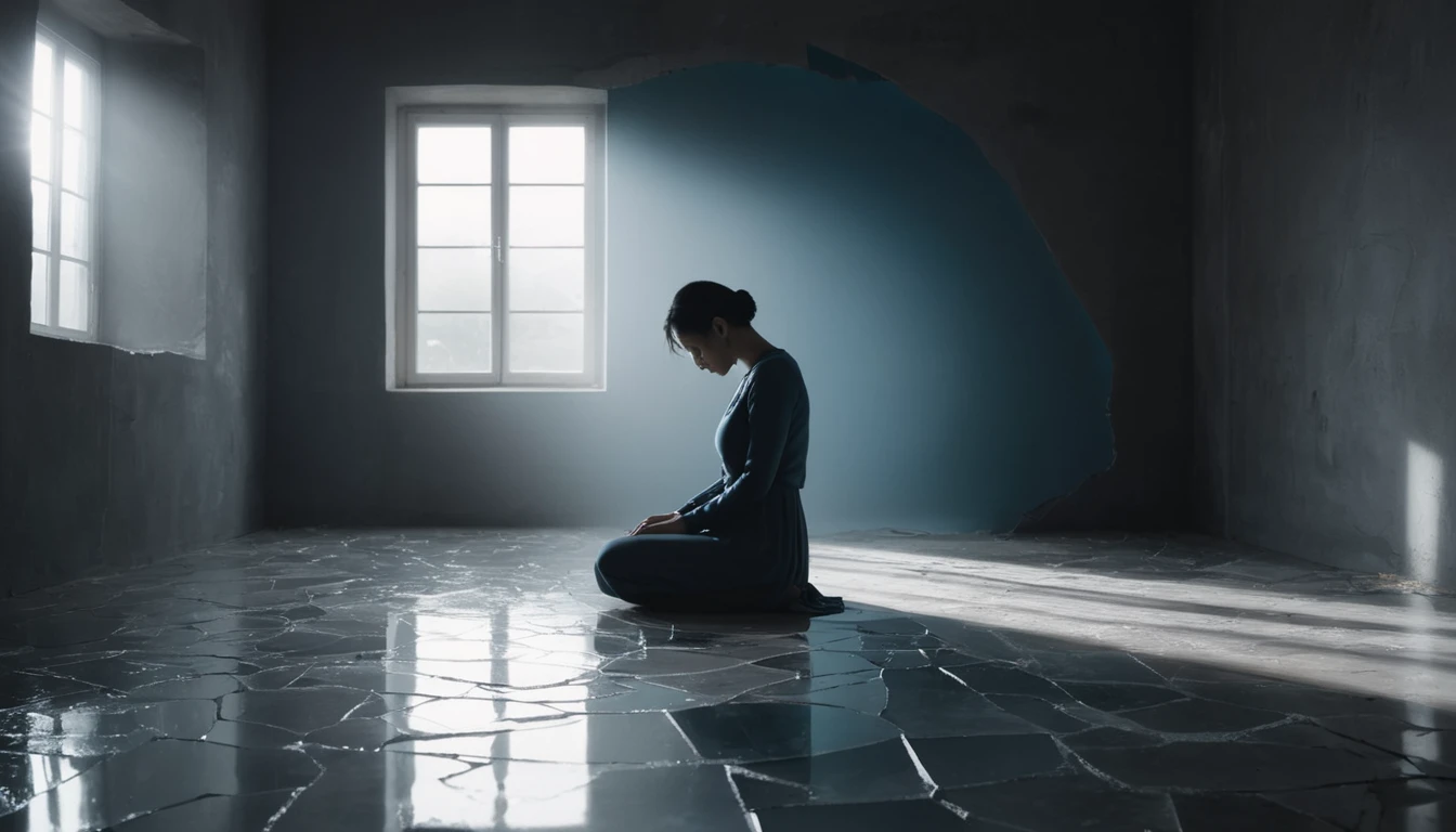 Eine nachdenkliche Person sitzt in einem dunklen Raum mit zerbrochenem Boden.