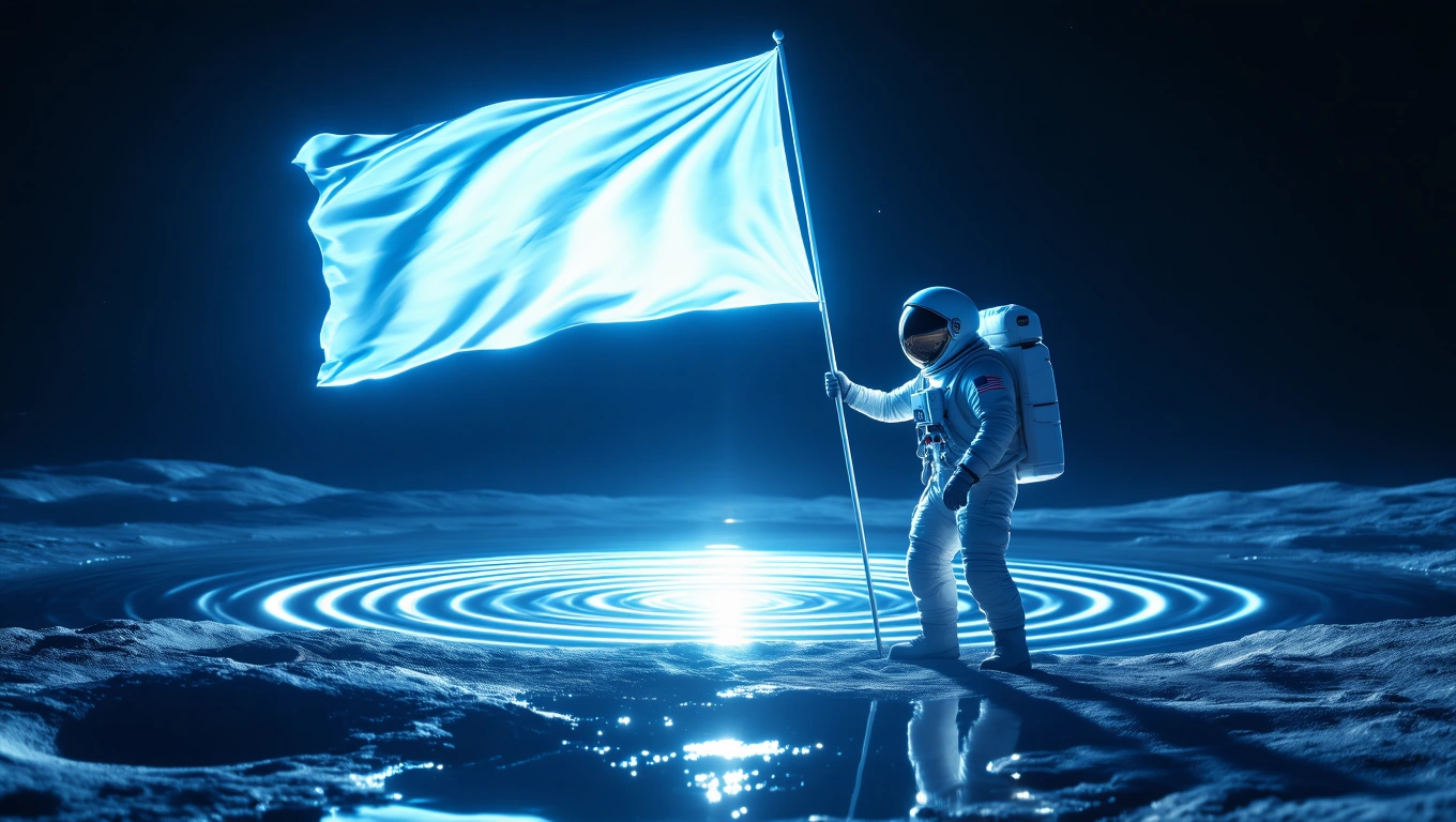 Ein Astronaut steht auf der Mondoberfläche und hält eine leuchtende Flagge.
