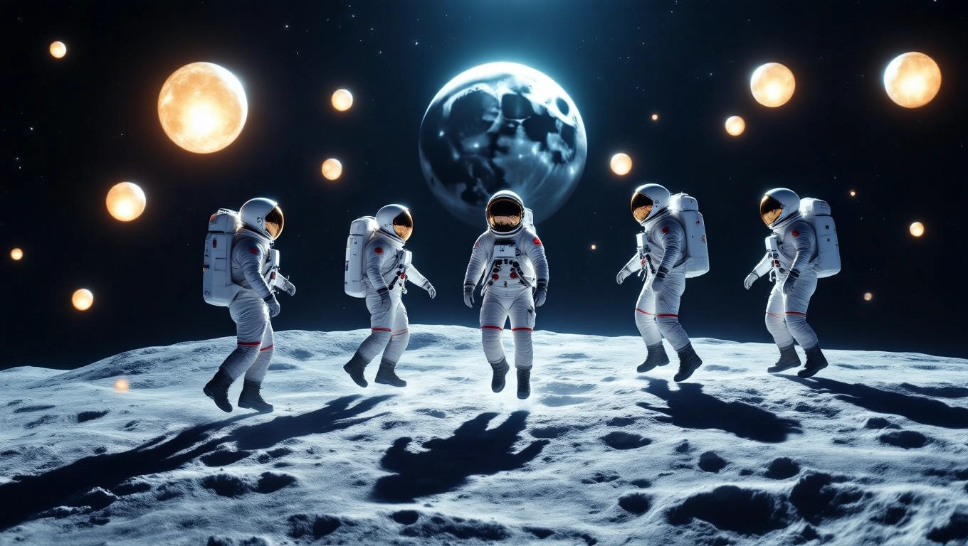 Astronauten auf der Mondoberfläche, umgeben von Planeten und Sternen.