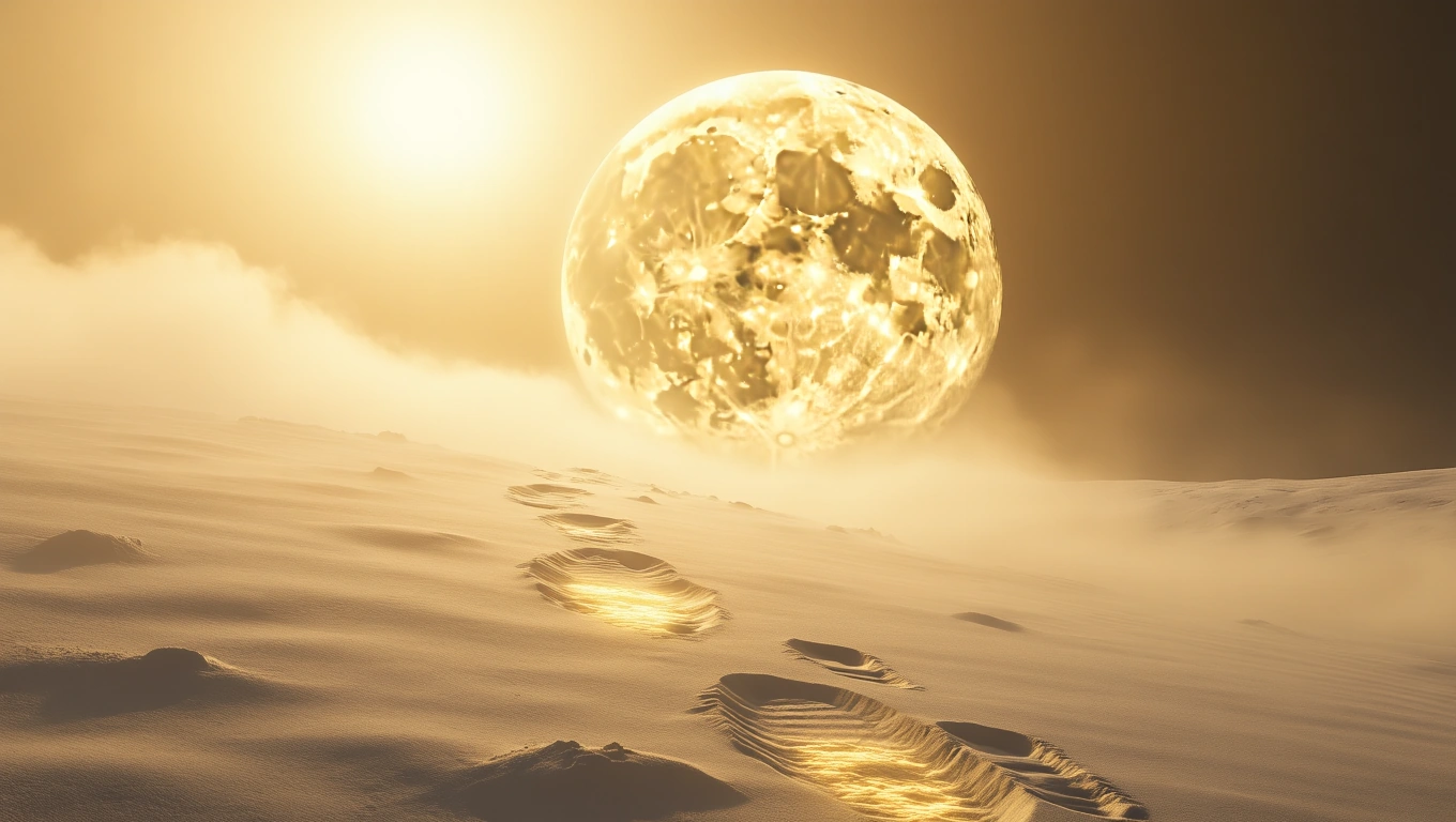 Eine große, leuchtende Mondlandschaft mit Fußspuren im Sand.