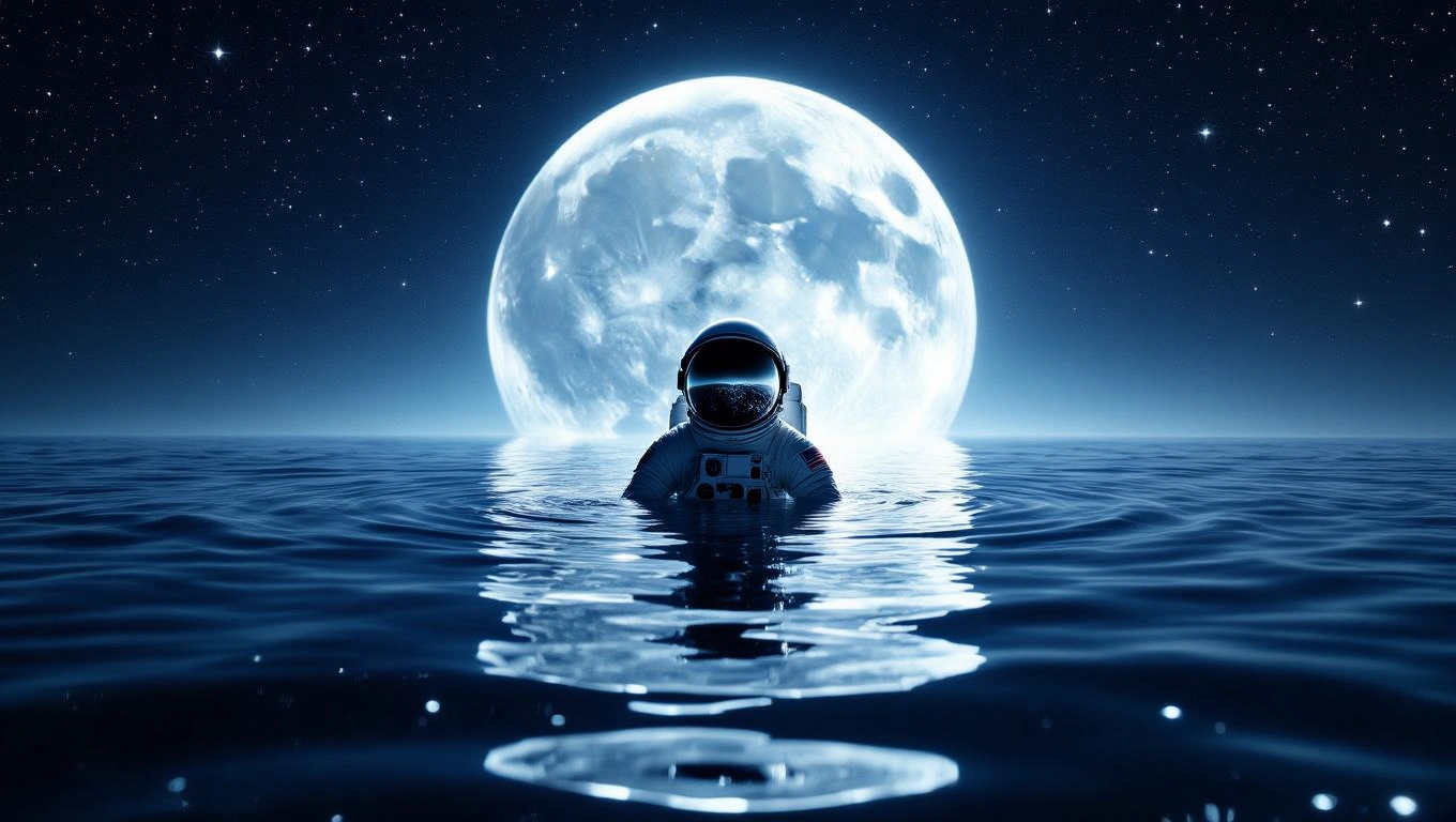 Ein Astronaut steht im Wasser unter einem leuchtenden Vollmond.