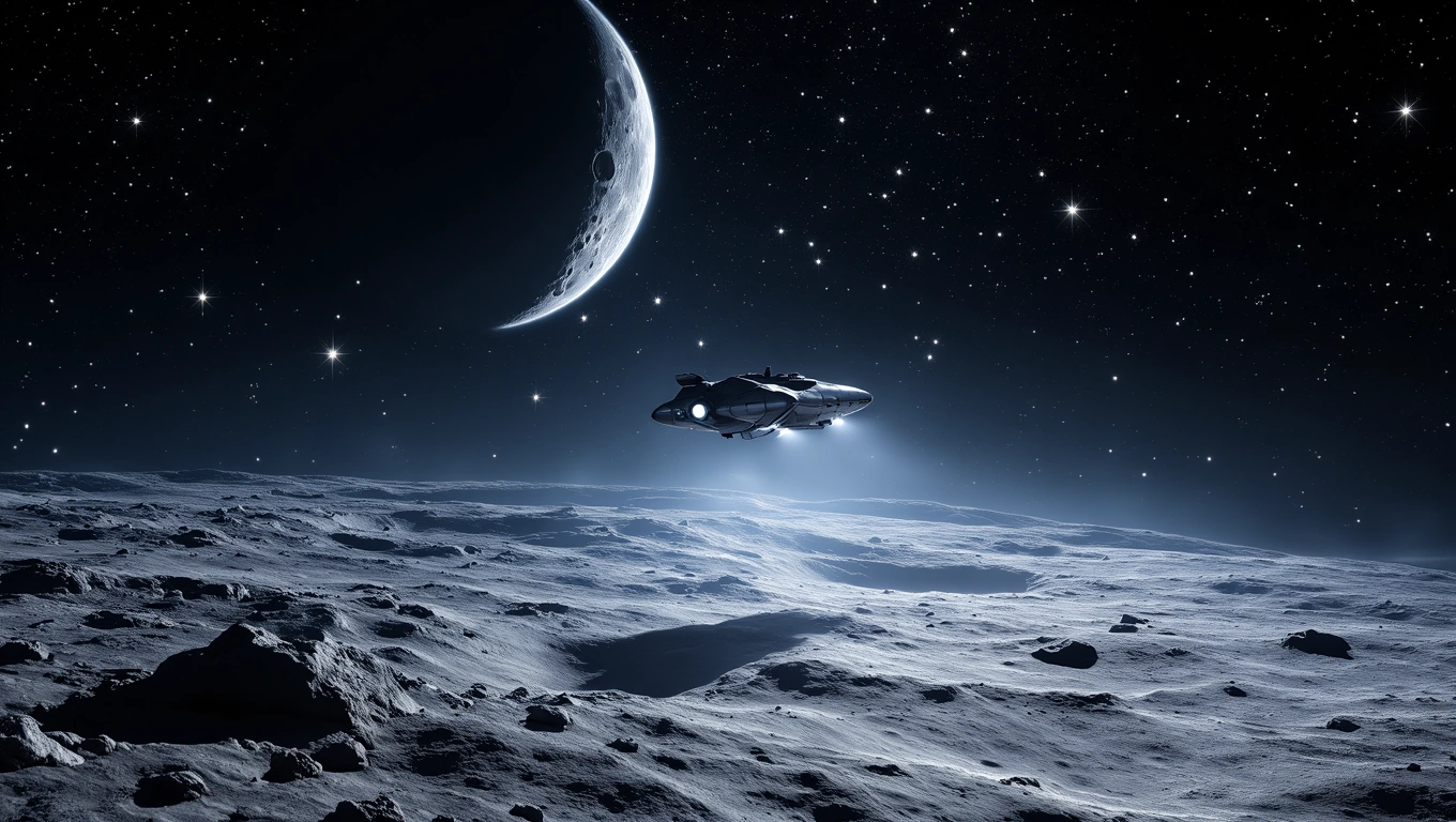 Ein Raumschiff schwebt über der Mondoberfläche mit einem klaren Sternenhimmel.