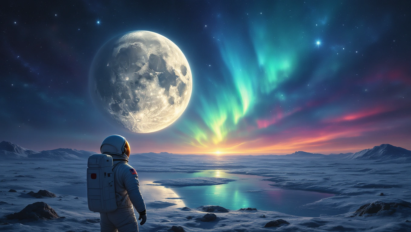 Ein Astronaut steht auf der Mondoberfläche und blickt auf die Erde und den leuchtenden Mond.