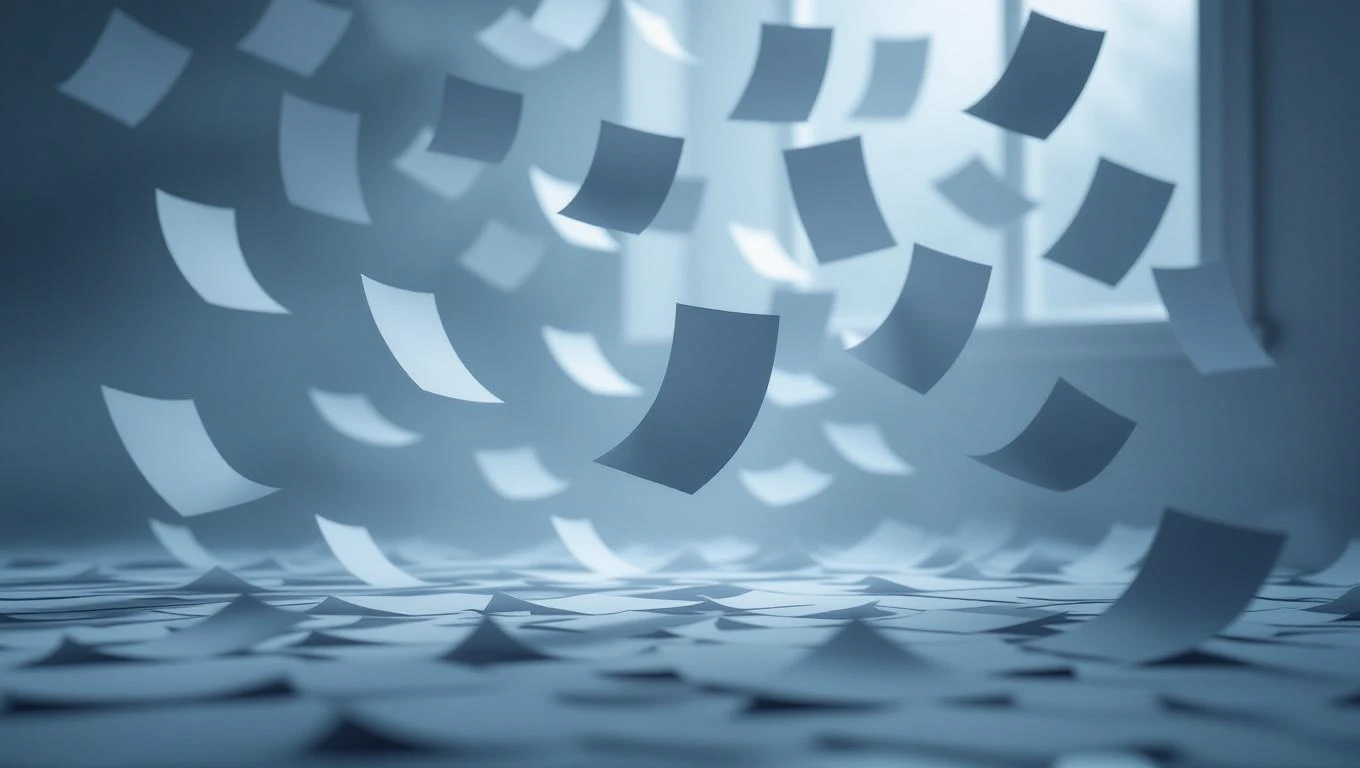 Schwebende Papierblätter in einem Raum, symbolisieren Träume und Möglichkeiten.