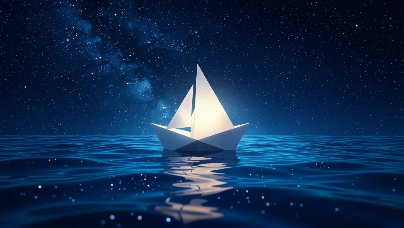 Ein leuchtendes Papierboot schwimmt auf ruhigem Wasser unter einem sternenklaren Himmel.