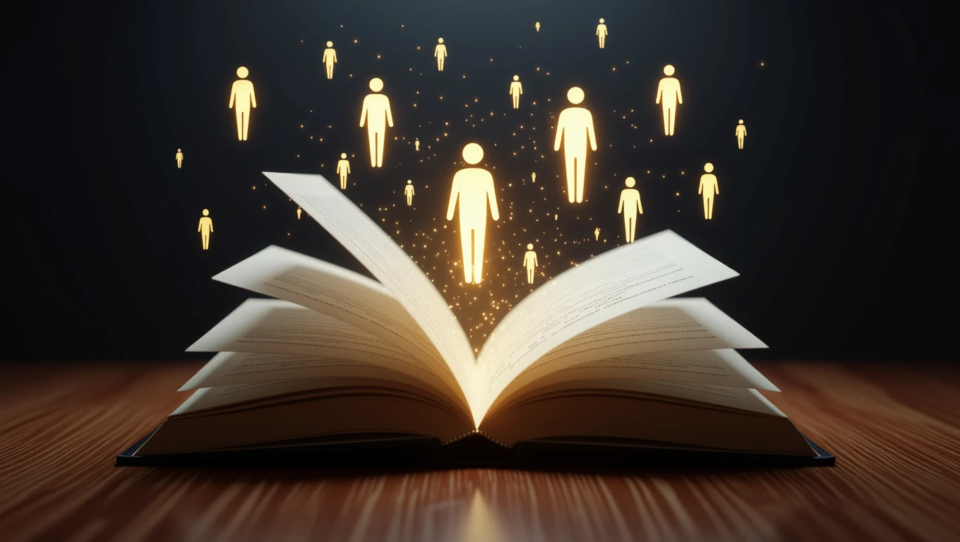 Ein aufgeschlagenes Buch mit leuchtenden Figuren, die aus den Seiten aufsteigen.