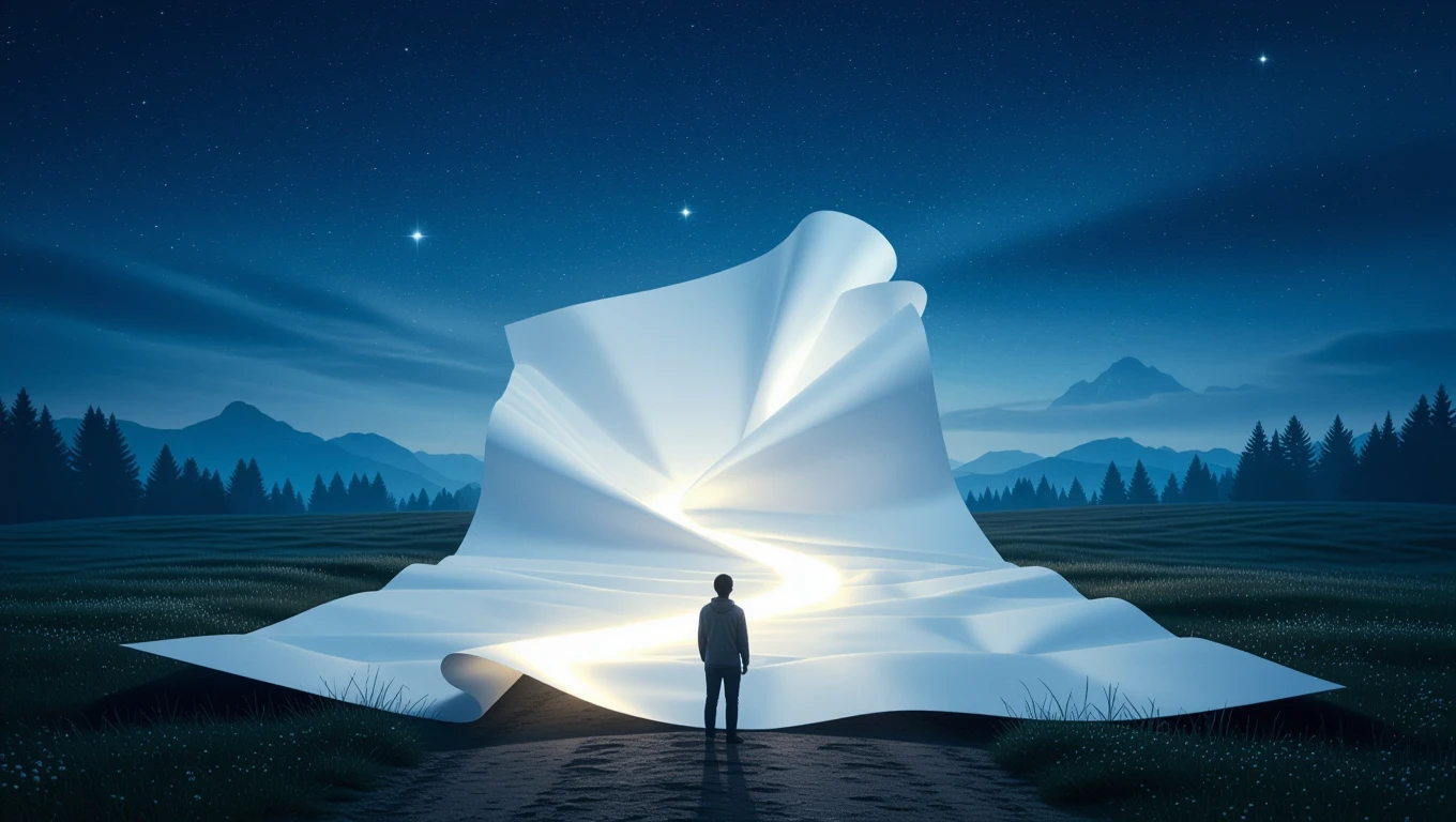 Eine Person steht vor einem großen, leuchtenden Papier, das einen Weg symbolisiert.