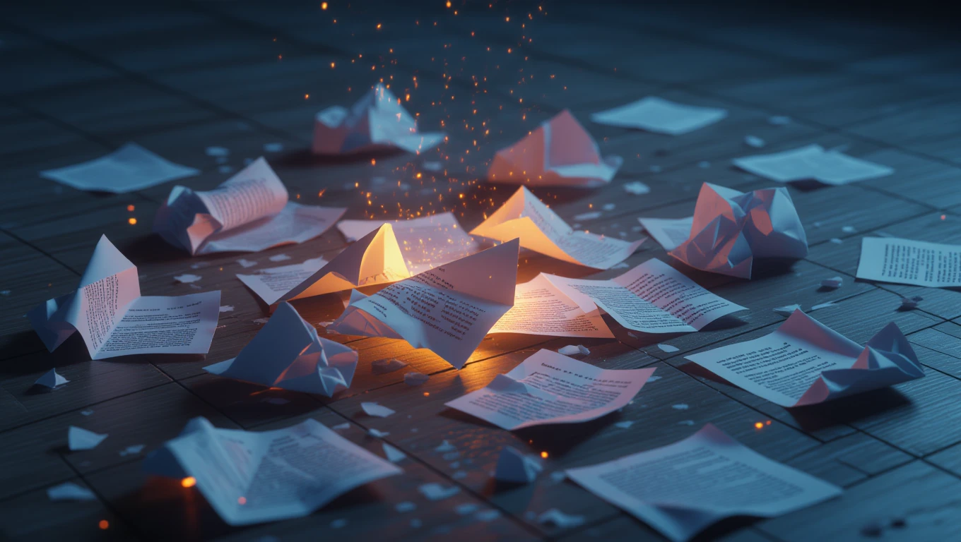 Eine Ansammlung von zerknülltem und unbeschriebenem Papier auf einem Boden, mit einem leuchtenden Punkt in der Mitte.