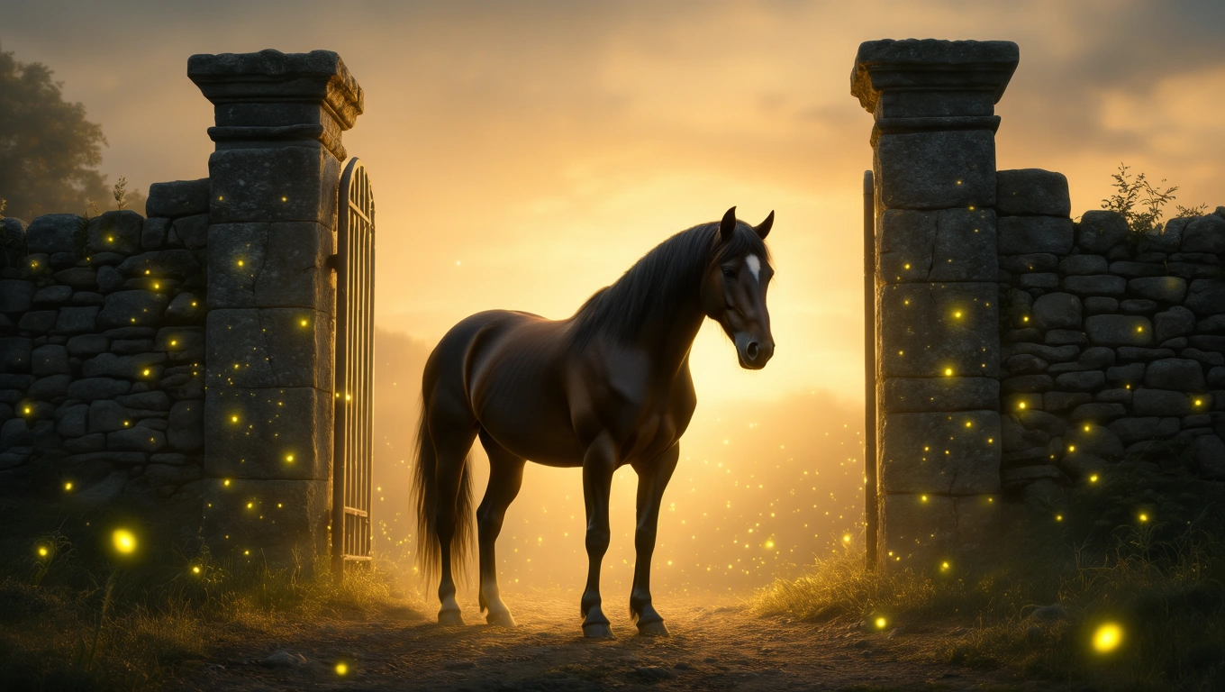 Ein majestätisches Pferd steht vor einem Tor in der Dämmerung, umgeben von Glühwürmchen.