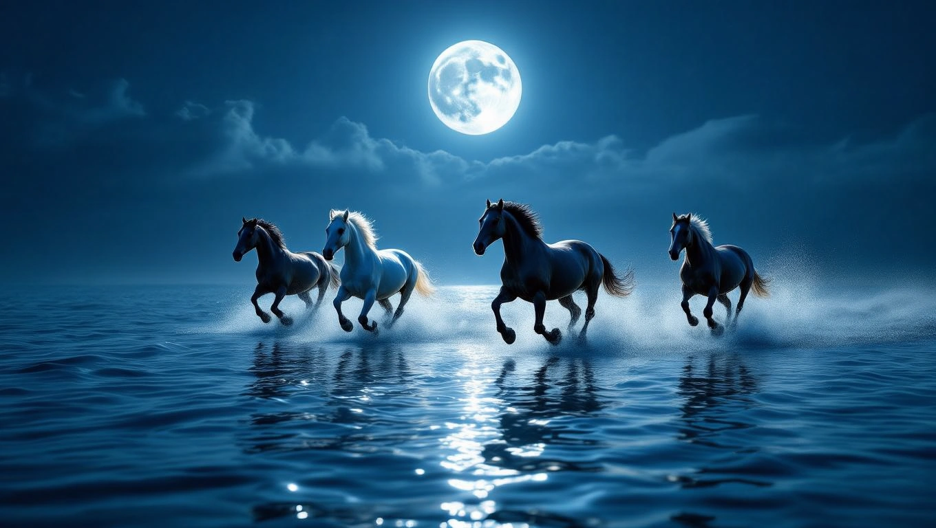 Vier Pferde galoppieren majestätisch über das Wasser unter dem Mondlicht.