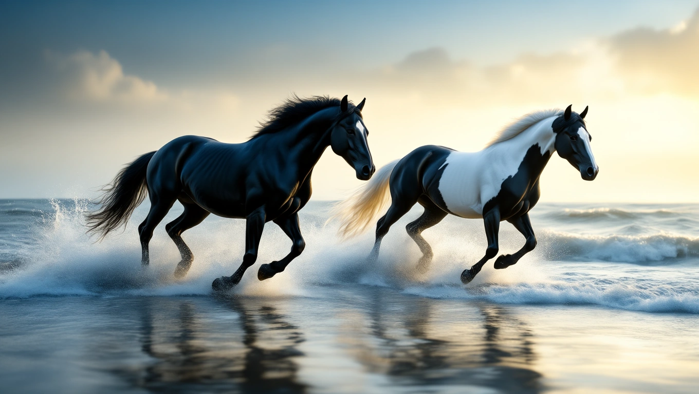 Zwei Pferde, eines schwarz und das andere weiß, galoppieren am Strand entlang.