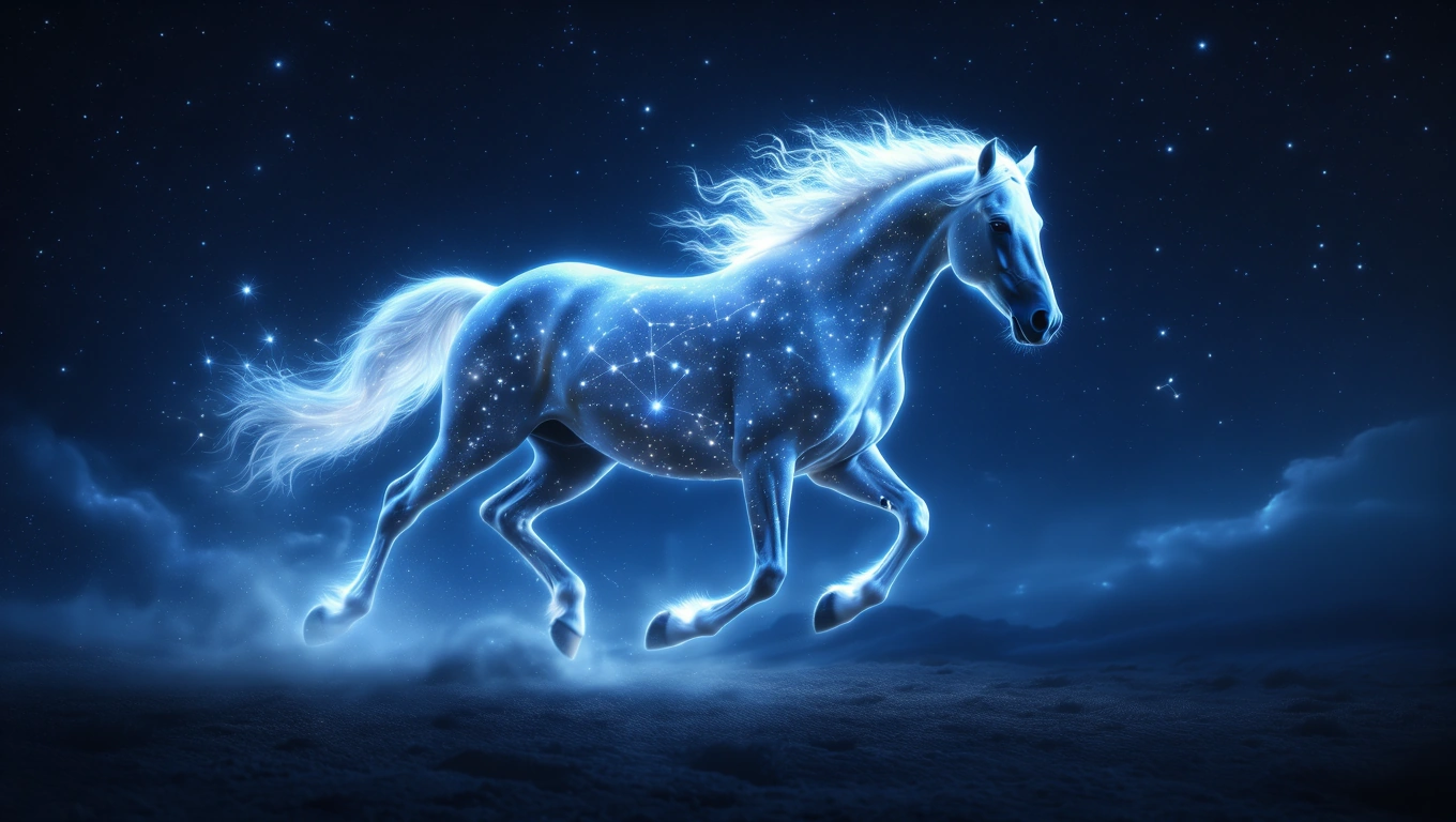 Ein leuchtendes Pferd mit Sternenmustern galoppiert durch die Nacht.