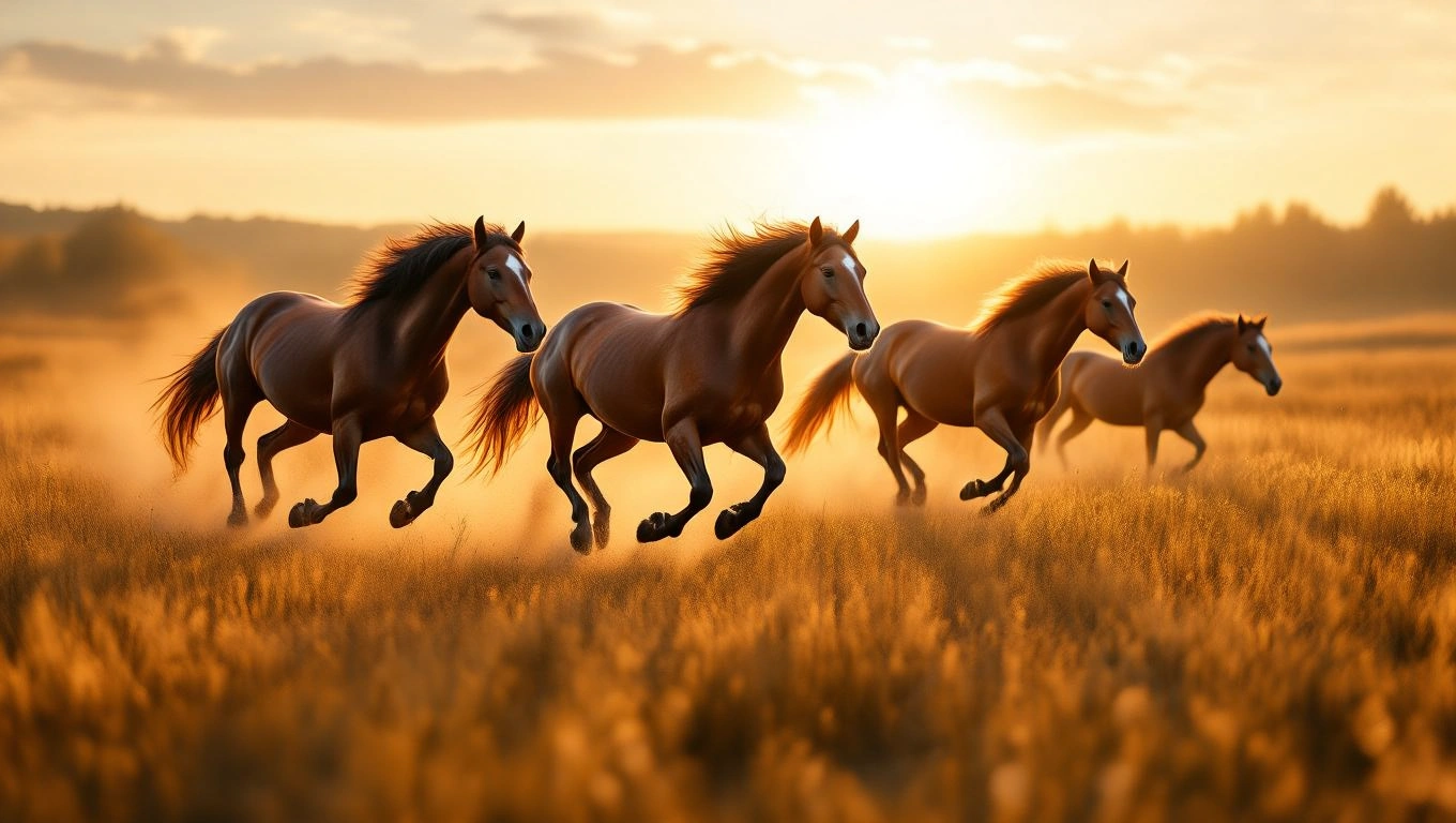 Vier Pferde galoppieren durch ein goldenes Feld bei Sonnenuntergang.