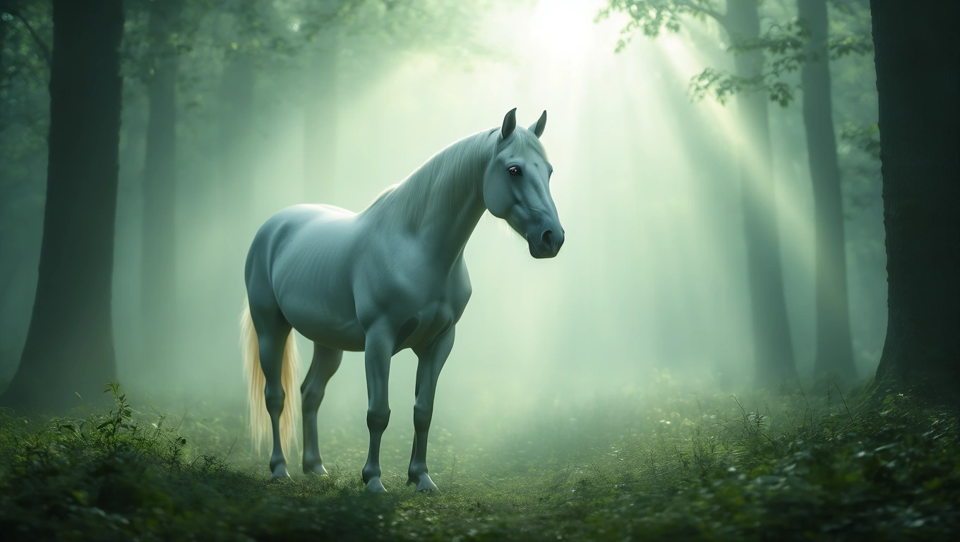 Ein majestätisches weißes Pferd steht im nebligen Wald, umgeben von sanften Lichtstrahlen.