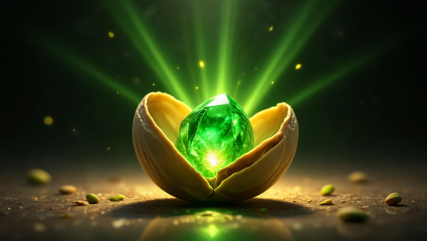 Eine geöffnete Pistazie mit einem leuchtenden grünen Edelstein im Inneren.