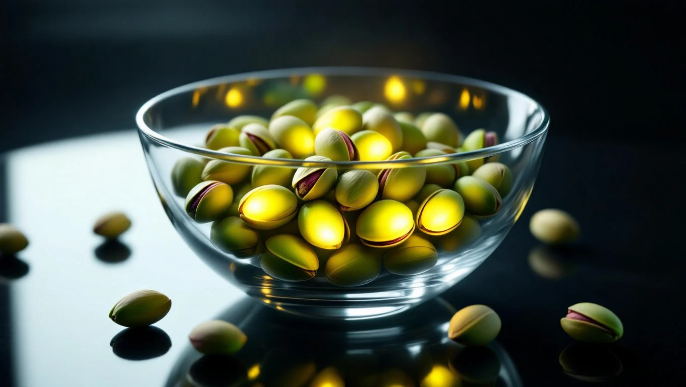 Eine Schüssel mit leuchtenden Pistazien, die auf einem Tisch liegen.