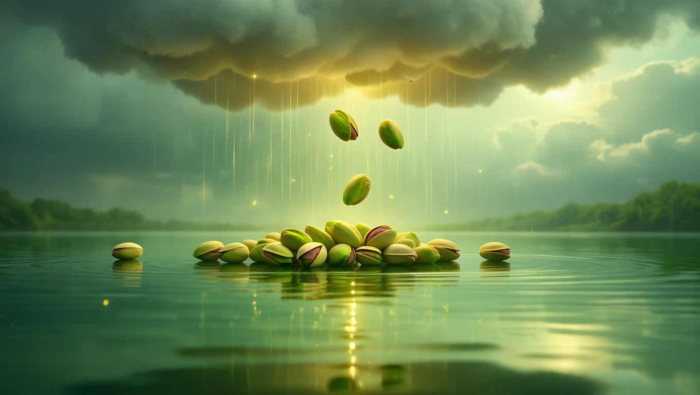 Eine Ansammlung von Pistazien schwimmt auf ruhigem Wasser unter einem bewölkten Himmel.