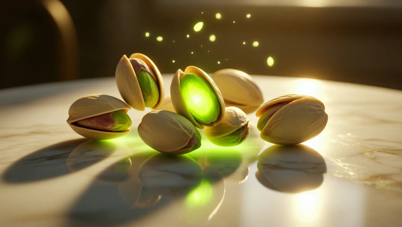 Eine Gruppe von geöffneten Pistazien auf einem Tisch, mit leuchtenden grünen Kernen.
