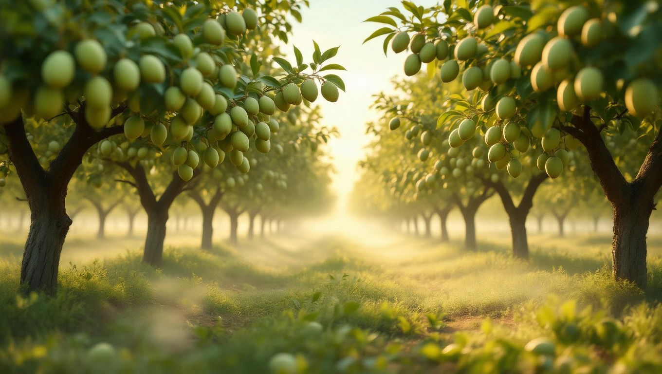 Ein Pistazienhain mit reifen Pistazienfrüchten an den Bäumen.