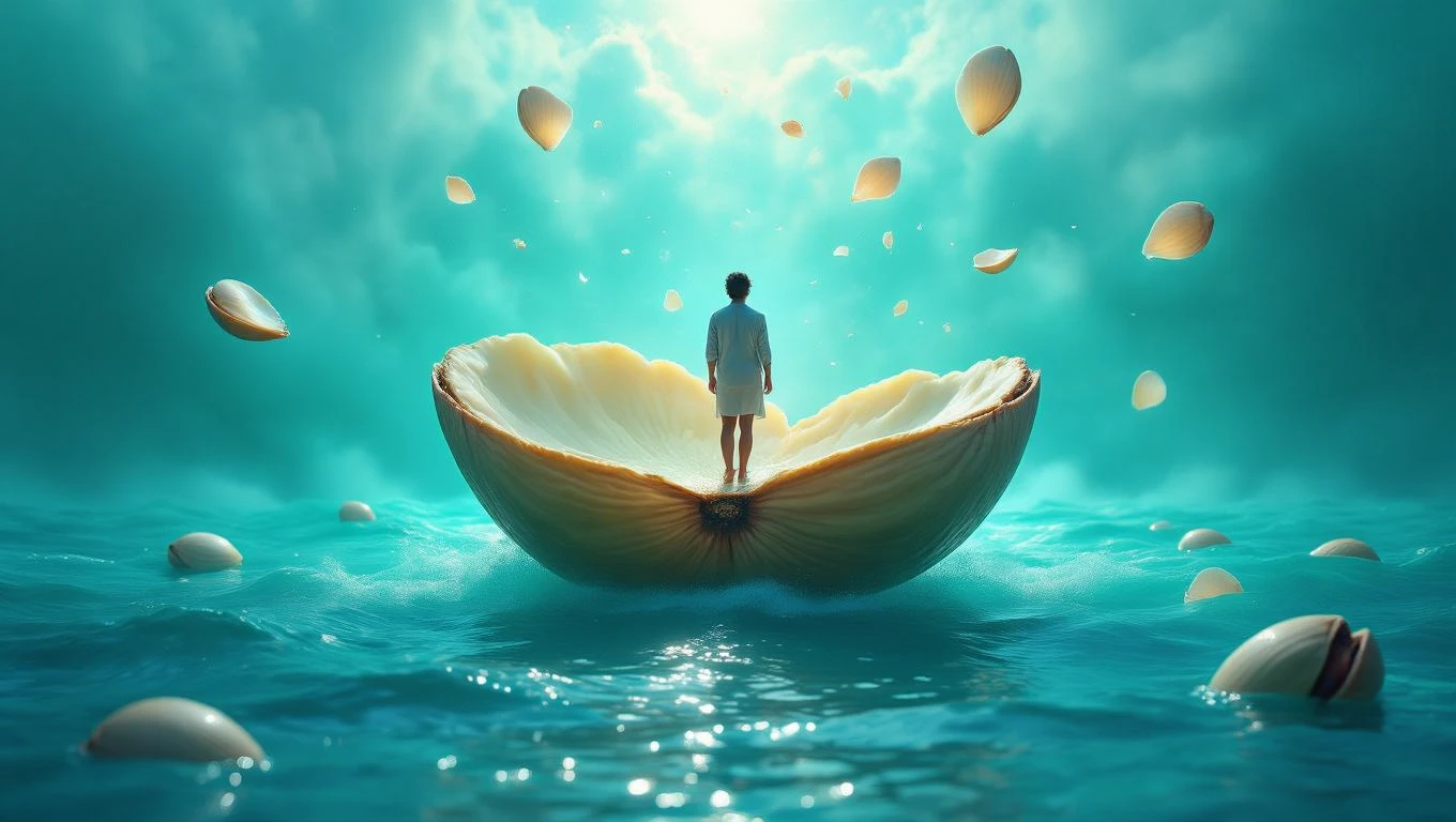 Eine Person steht in einer großen Pistazien-Schale auf dem Wasser.