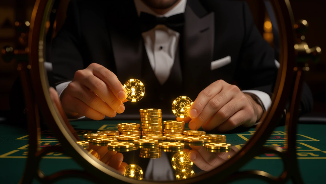 Ein Mann in einem Anzug hält Pokerchips über einem Stapel goldener Chips.