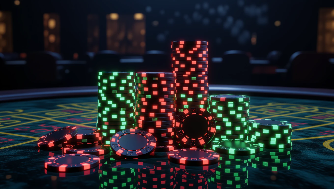 Eine Ansammlung von bunten Pokerchips auf einem Tisch im Casino.