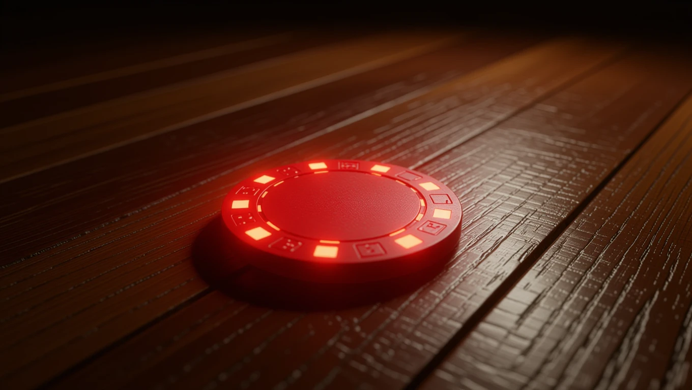 Ein leuchtender roter Pokerchip auf einem Holzuntergrund.