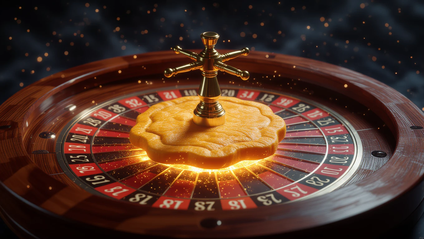 Ein goldener Roulette-Tisch mit einem Pokerchip in der Mitte, umgeben von funkelnden Lichtern.
