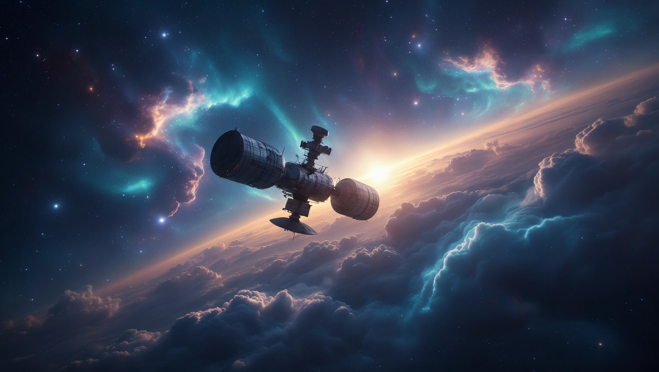 Eine futuristische Raumstation schwebt majestätisch über den Wolken im Weltraum.