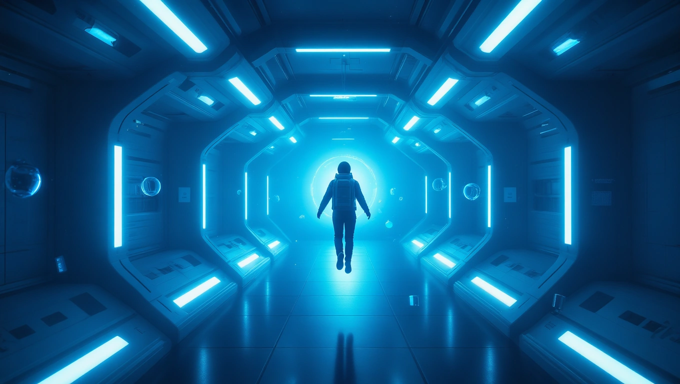 Ein Astronaut schwebt in einem futuristischen Raumstationskorridor mit blauen Lichtern.